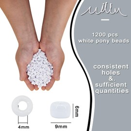 MIIIM 1200PCS 6x9mm Pony Beads Bulk, White Pony Beads for Bracelets Making Kit, Kandi Beads, Hair Beads for Braids, Craft Beads for Jewelry Making (White)