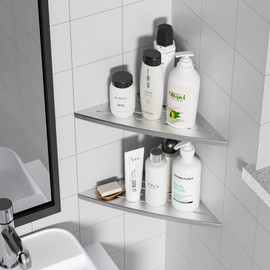 Qeke Corner Shower Shelf Brushed Nickel, 304 Stainless Steel 11.5” Recessed Corner Shelf Bathroom for Tiled Wall, Floating Shower Shelves Shampoo Holder, No Drilling, 2 Pack