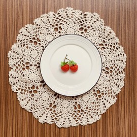 COOKY Handmade Crochet Doilies 2Pcs, Cloth Lace Table Placemats Vintage Decorate Lace Floral Tablecloths, Beige（Round - 15.7inch）
