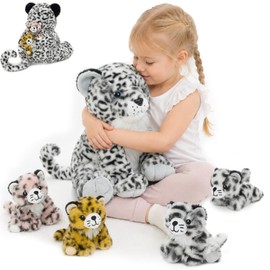 MorisMos Snow Leopard Stuffed Animal with Babies, 5-in-1 Plush Family, 14" Mommy Snow Leopard with 4 Baby Cubs, Soft Cuddly Big Cat Plush Toys Gifts for Kids Birthday Jungle Baby Shower Nursery Decor