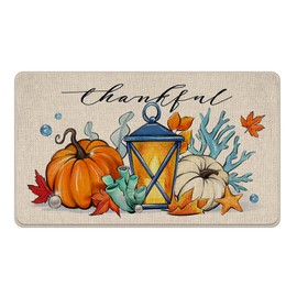 Tailus Thankful Thanksgiving Pumpkin Decorative Front Door Mat, Fall Lantern Beach Coastal Doormat Indoor Outdoor Non-Slip Floor Entryway Rug, Autumn Nautical Home Kitchen Decoration 17x29 Inch