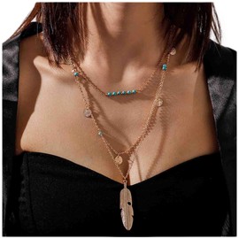 Cimenexe Bohemian Layered Turquoise Bead Necklace Disc Coin Dangle Necklace Choker Gold Feather Pendant Necklace Chain Long Necklaces Chain Jewelry for Women and Girls
