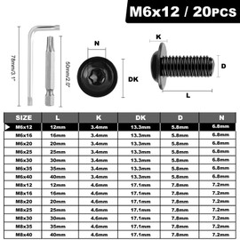 XRXYMQ Pack of 20 M6 Screws Black Flat Head Screws M6 x 12 mm Stainless Steel A2 V2A Screws Torx with Flange Screws Pan Head Screws with Torx Key and Drill for Maintenance and Architecture