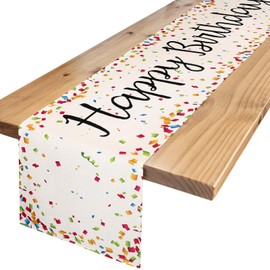 Table Runner Birthday Table Runner Birthday White Linen Table Runner 40 x 140 cm Happy Birthday Table Runner Celebrations Birthday Party Table Decoration with Colourful Flashing Shredded Pieces
