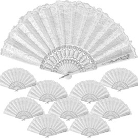 iZoeL Lace Fan Hand Fan White Fan Pack of 10 Wedding Fan Folding Fan Bridal Fan Dance Fan Bag Fan Wedding Party Favour