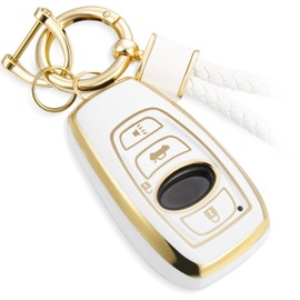 CTRINEWS for Subaru Key Fob Cover with Metal Braided Rope Keychain, Upgraded Soft Case for Forester XV CrossTrek Ascent Outback Legacy Impreza STI WRX BRZ Shell (Gold, A1)