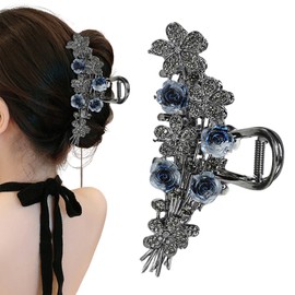 Rannyrena Flower Rhinestone Metal Hair Claw Clips for Women Camellia Floral Claw Clip Large Tulip Nonslip Strong Hold Hair Accessories for Thick Hair (Blue Gradient Flowers C)