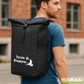 Huuraa Love & Peace Messenger Backpack Gift 30-44 Litres Black Melange Roll-Top Fairtrade Love & Peace Gift Idea