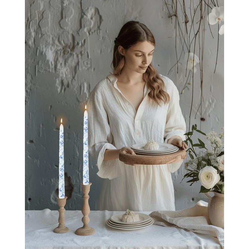 10inch Chinoiserie Taper Candles Blue and White Willow Decorative Unscented