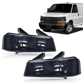 GRAND ORANGE Headlights Headlamps w/Bulbs Compatible with Chevy Express 1500 2003-2014/2500 3500 2003-2023, Fit GMC Savana 1500 2003-2014/2500 3500 2003-2023 Smoke Lens Black Housing LH&RH