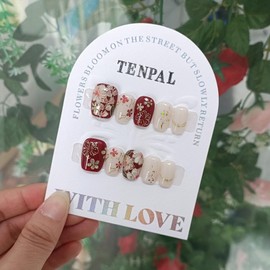 TENPAL Short Square Round Press On Nails,Chinese Style Red Gold Florals,Hand-Painted Gold Trim Flowers Nails,Pearl White Glitter Accents,Vintage Soft Gel Fake Nails for Festivals/Weddings,10pcs L