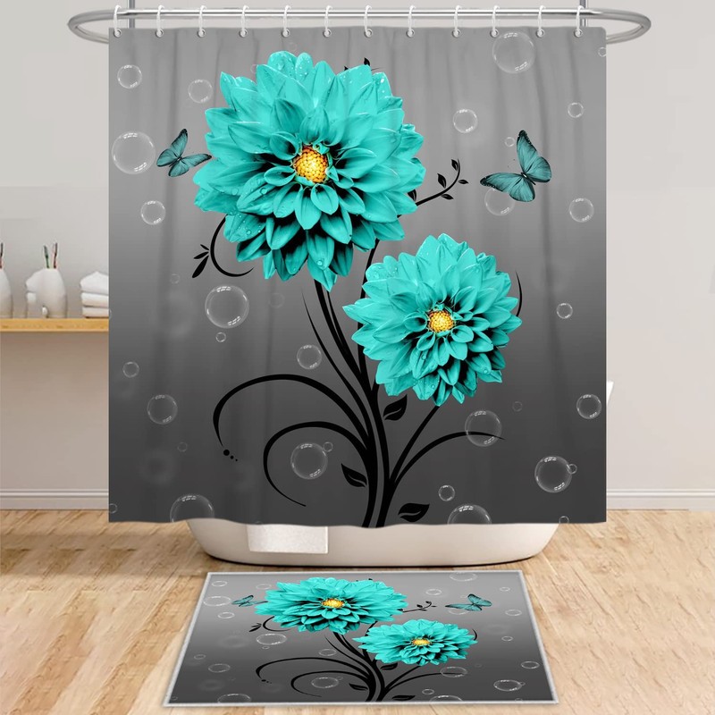 Blue Flower Butterfly Shower Curtain Teal Turquoise Blue Dahlia Bathroom
