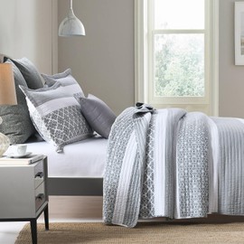 Finlonte King Quilt Set Striped Quilt, 100% Cotton King Size Quilt, Bluish Gray Lightweight King Quilt Bedding Set, All Season Floral Bedspread 3 Pieces