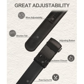 Belt Men Designer Style, Dress Belts for Men with Easier Sliding Adjustable Automatic Buckle, Genuine Leather Mens Black Belt for Jeans Pants Shirt Oxfords, Cut To Fit - Waist: 30-36