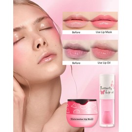 2Pcs Watermelon Lip Balm Honey Pot Lip Mask & Lip Glowy Oil Lip Care Set, Propolis Moisturizing & Nourish Hydrating Lip Gloss Repair, Reduce Lip Line & Plump Dry Cracked Lip Scrub Exfoliator -Set C