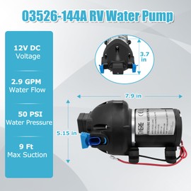 Upgraded R3526144D RV Water Pump,12V DC 3 GPM 50 PSI Triplex Diaphragm Water Pump Compatible With R3526144D/03526-144A RV Water Pump,With Strainer and Pressure Switch for RV Yacht Marine Caravan-Black