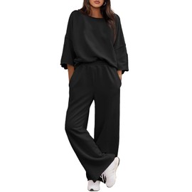 Fisoew Womens 2 Piece Lounge Sets Casual 3/4 Sleeve Tunic Tops Loose Wide Leg Pants Tracksuit Fall Travel Outfits