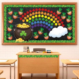 FYSUIMU 120Pcs St. Patrick's Day Shamrock Bulletin Board Decoration Set Leprechaun Rainbow Clover Paper Cutouts with 200Pcs Glue Points for Irish Party Classroom Wall Blackboard Photo