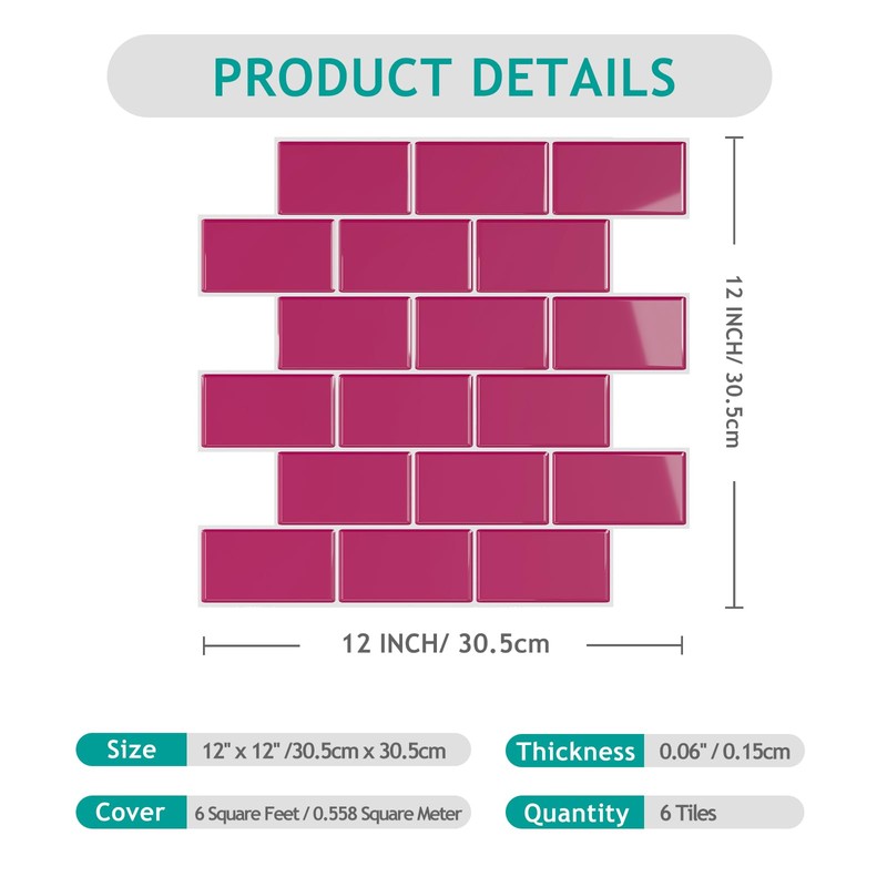 VEELIKE 6 Sheets Berry Pink Subway Tile Peel and Stick