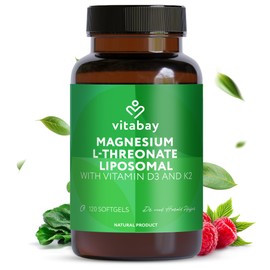 Vitabay Magnesium-L-Threonate 2000mg - 120 Vegan Liposomal Magnesium L Threonate 2000mg Softgels - Highly Dosed Softgels with Vitamin D3 Cholecalciferol (1000 IU) & K2 MK7 (100mcg) - Laboratory Tested