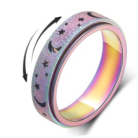 AmorArtSky Spinner Ring for Anxiety Relief Fidget:Anxiety Ring for Women Men,Titanium Stainless Steel Spinner Ring,5 Colors,6MM,Fidget Ring,Moon Star,Hollow Outer-Rainbow