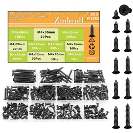 Zmbroll M4 Black Wood Screws Countersunk Head Self-Tapping Screws 285Pcs Metric M4x8/10/12/14/16/18/20/25/30/35/40mm Wood Fasteners Carbon Steel Screws Assortment Kit