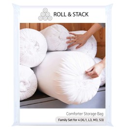 Roll&Stack Storage Bag Organizer, Set for 4 (XL1 L3 M3 S3), White - Perfect for Comforters, Blankets, Bedding, Bulky Clothes, and Puffer Jackets, Breathable, Dustproof, Washable, and Durable
