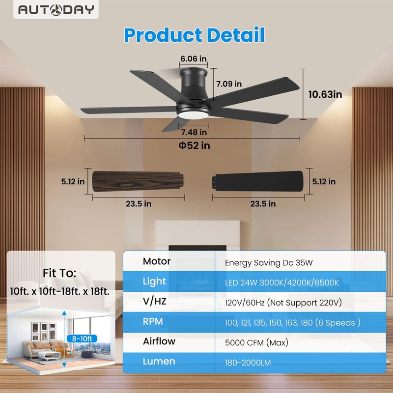 Autoday Ceiling Fans with Lights, 52 Inch Low Profile Ceiling