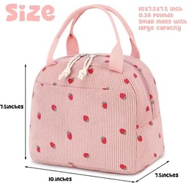 Lunch bag for women leak proof cute small corduroy lunch tote bag Reusable Insulated easy to carry, keep cool and fresh, large capacity for office, park, picnic and travel (Corduroy strawberry pink)