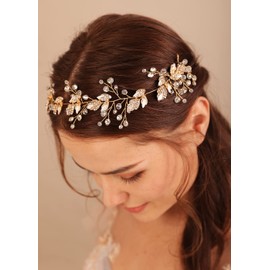 BERYUAN Wedding Gold Leaf Crystal Hair Vine Crystal Rhinestone Hairpiece Gold Bride Handmade Hair Accessory Crystal Rhinestone Beads Headband for Bridal Women and Girls