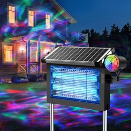 Solar Bug Zapper Outdoor, Rechargeable & Solar Powered, 4500V High Voltage for Effective Mosquito & Multi-Insect, 14-Color Projector Light, Waterproof for Camping Patio Courtyard Path Outdoor