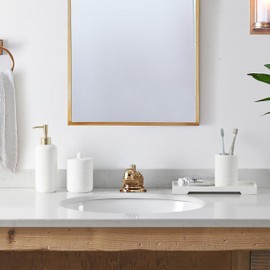 QL DESIGN Bathroom Accessory Set 4 Pcs Elegant White Look Bathroom Accessories Sets Complete with Soap Dispenser, Tumblers,Vanity Tray and Cotton Jar, (Elegant White)