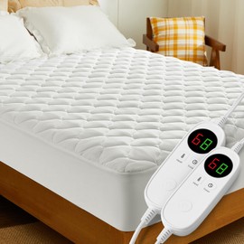 JinJeeo Heated Mattress Pad King Electric Mattress Pads Electric Bed Warmer Fit up to 21" with 11 Heat Settings Dual Controller 9 Hours Auto Shut Off, White