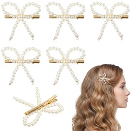 6PCS Bow Pearl Hair Clips, Exquisite Elegant Bow Pearl Barrette Clips Hair Accessories Non-slip for Women Weddings Brides Flower Girl Proms Party and Daily Use