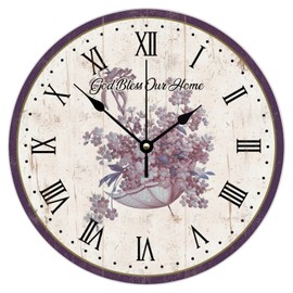 Silent Wall Clock Battery Operated Non Ticking Purple Flower God Bless Our Home Retro Wall Clocks Wood Panel Floral Plants Wall Decor for Warehouse Patio Dining Room 12 Inch