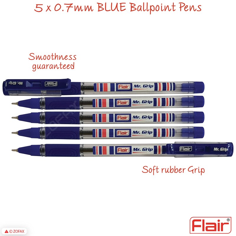 Flair 5 x 0.7mm Mr Grip BLUE Ballpoint Pens Rubber
