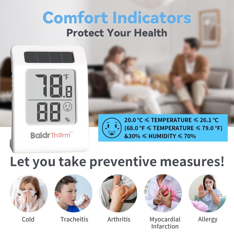 BaldrTherm Humidity Meter Hygrometer, Solar-Powered Room Thermometer Indoor Digital Temperature
