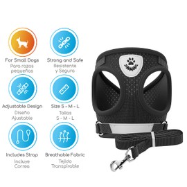 MASCRETTA Set de Correa y Arnés para Perro Chico o Gato con diseño cómodo Que no daña el Cuello y Pecho de tu Mascota. Pechera para Perro Chico con Correa de Paseo Resistente. Dog Harness (Negro, M)