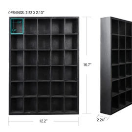 GSM Brands Shot Glass Display Case, Black Wood, Holds Set of 30 Glasses (16.7 x 12.2 - Each Opening Measures 2.52 x 2.13)
