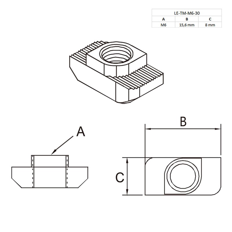 Hammer Nut Slot Nut M6 Slot 8 for Aluminium Profile
