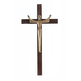 Walnut Wood Cross Crucifix with Gold Toned Pewter Risen Christ Corpus, 7 Inch