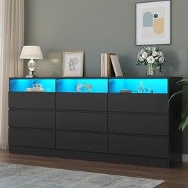 Gyfimoie 6 Drawers Dresser with Power Outlet, Accent Chests of Drawers with LED Light, Modern Storage Dresser for Bedroom, Living Room