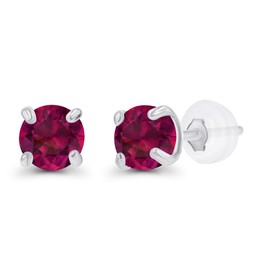 Genuine 10K Solid White Gold 3mm Round Created Red Ruby July Birthstone Stud Earrings For Women
