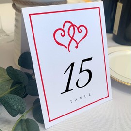 Linked Hearts and Border Wedding Table Numbers (Select Color/Quantity), White, Ruby Red, 1-80, Double Sided, Tent or Use in a Stand, Great for Parties & Restaurants