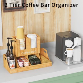 Busidhji Coffee Station Organizer, Bamboo Coffee Bar Organizer for Countertop, Condiment and Cup Storage Organizer, Bar Accessories for Kitchen, Office, Home, Brown