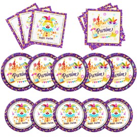 HAKOTI Happy Purim Party Supplies,60Pcs Jewish Purim Tableware Decorations Set Purple White Purim Mask Plates and Clown Napkins, Happy Purim Dinnerware for Jewish Carnival Holiday Party Decor