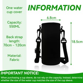 JEYORZY 1 x Water Bottle Holder, Water Bottle Cover, Premium Neoprene Portable Insulated Water Bottle Holder Bag with Adjustable Shoulder Strap, Bag Insulated Bottle for Travel, Black, 550 ml