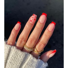 Sethexy Valentine's Day French Nails for Sticking Short Square False Nails Love Heart Press On Nails Shiny Fake Nails Pack of 24 Acrylic Artificial Nails