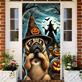 Halloween Dog Door Banner 35.43 x 70.87 Inch Pug in Witch Hat Pumpkin Lantern Full Moon Spooky Entrance Decoration for Party Home Doorway