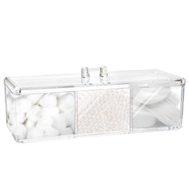 Qtip Organiser with Lid, 3 Compartments Cotton Ball Holder for Cotton Swab and Ball, Cotton Pad, Clear Acrylic Make Up Organizer Box, Cotton Swab Organizer with Lid for Bathroom Countertop